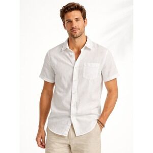 Grayers Amalfi White Textured Cotton Ramie Linen Short Sleeve Shirt Size M NWT